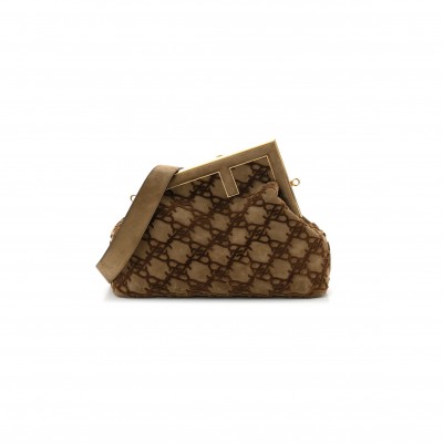 FENDI CAMOSCIO KARLIGRAPHY EMBROIDERED MEDIUM FIRST CAMEL (30*25*10cm) 